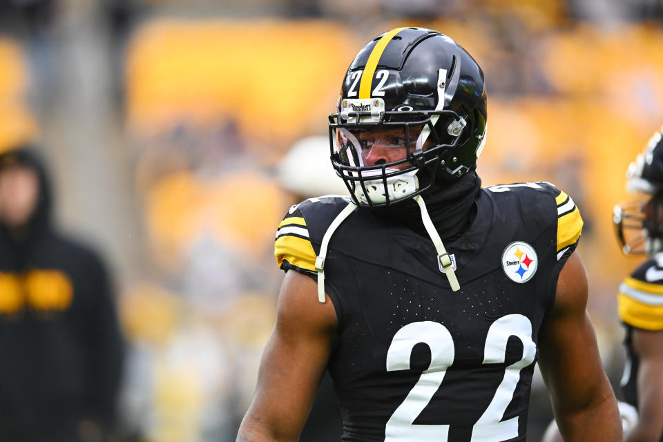 PITTSBURGH, PENNSYLVANIA – DECEMBER 23: Najee Harris #22 of the Pittsburgh Steelers looks on prior to a game agains the Cincinnati Bengals at Acrisure Stadium on December 23, 2023 in Pittsburgh, Pennsylvania. (Photo by Joe Sargent/Getty Images)