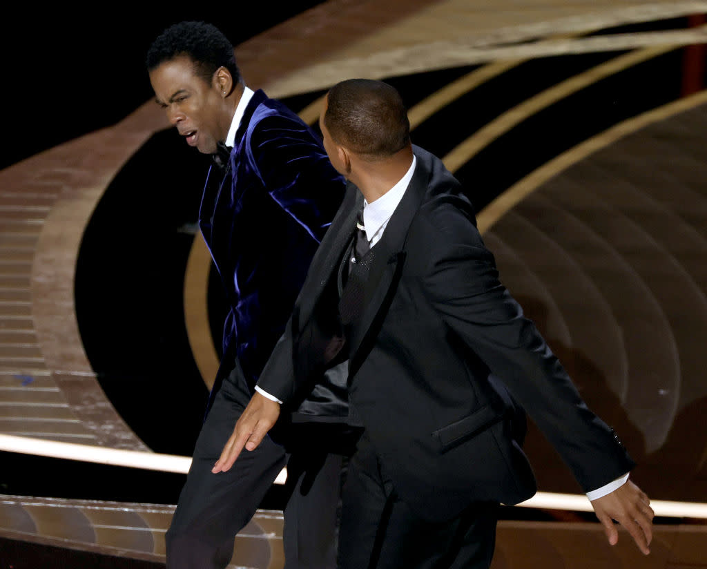 Will Smith slaps Chris Rock during the 94th Annual Academy Awards on Sunday at Dolby Theatre in Los Angeles. (Photo: Neilson Barnard/Getty Images)