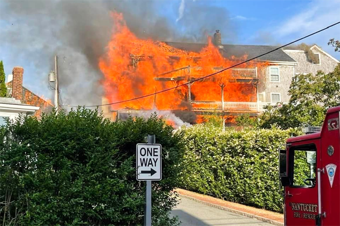 Firefighters respond to a blaze at the Veranda House Hotel on Nantucket Island, Mass., on July 9, 2022. (Town of Nantucket via Twitter)