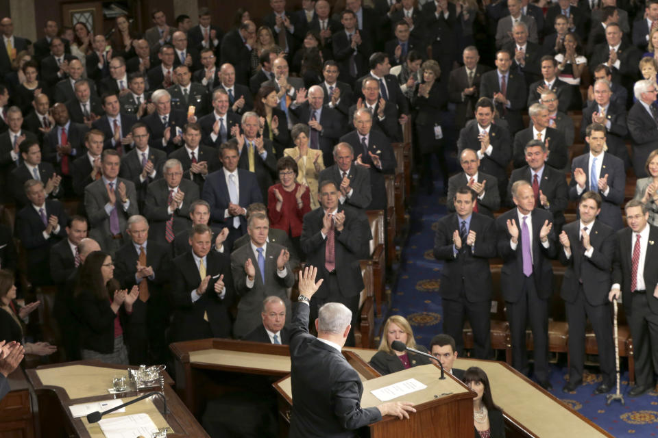 Israeli Prime Minister Benjamin Netanyahu waves after speaking before a joint meeting of Congress on Capitol Hill in Washington on March 3, 2015.