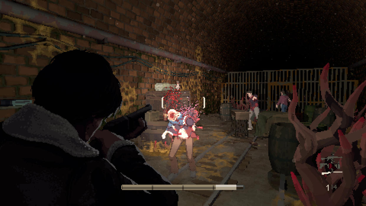  An over the shoulder view of a man pointing a shotgun at a slimy person monster from game Holstin. 
