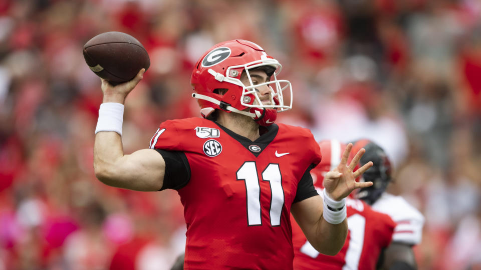 Georgia quarterback Jake Fromm passes against Arkansas State during an NCAA football game on Saturday, Sept. 14, 2019 in Athens, Ga. (AP Photo/John Amis)