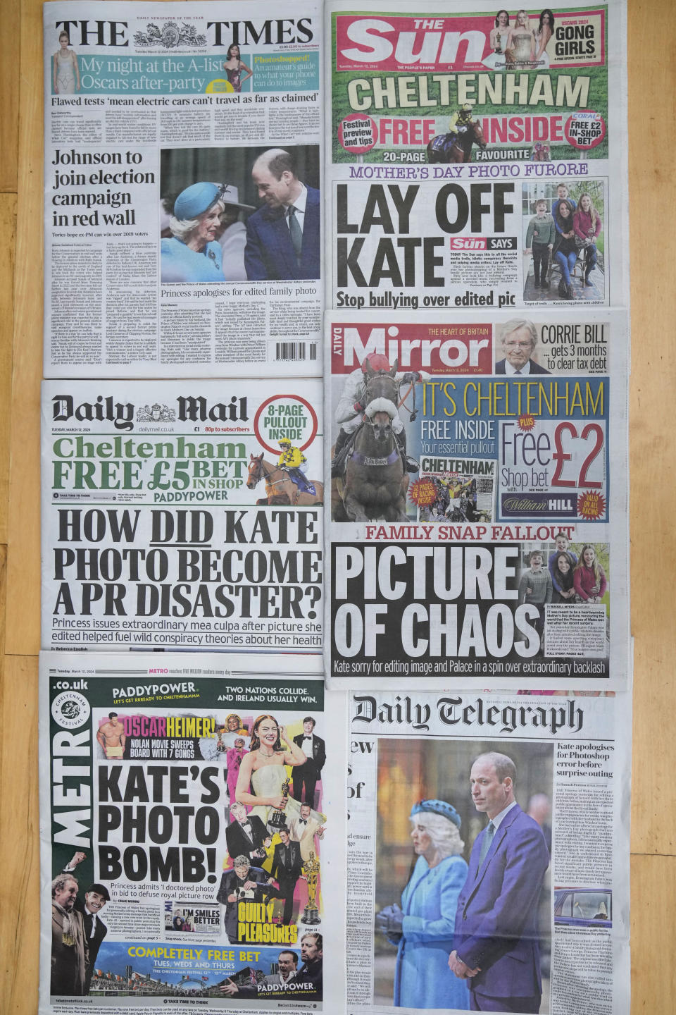 A montage of some of the front pages of Britain's newspapers, in London, Tuesday, March 12, 2024. The Princess of Wales has apologized for "confusion" caused by her altering of a family photo released by the palace. The image of Kate and her children was intended to calm concern and speculation about the princess's health, but had the opposite effect. Several news agencies that initially published the photo, including The Associated Press, withdrew the image over concerns about digital manipulation. (AP Photo/Kirsty Wigglesworth)