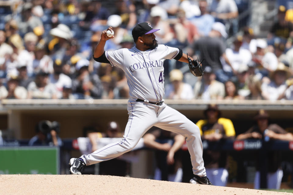 Colorado Rockies starting pitcher Germán Márquez delivers against the San Diego Padres during the fourth inning of a baseball game Sunday, June 12, 2022, in San Diego. (AP Photo/Mike McGinnis)