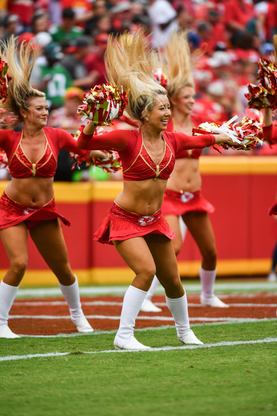 <p>Kansas City Chiefs cheerleaders perform a routine in the end zone during the first quarter of the game between the Philadelphia Eagles and the Kansas City Chiefs at Arrowhead Stadium on September 17, 2017 in Kansas City, Missouri. ( Photo by Peter Aiken/Getty Images) </p>