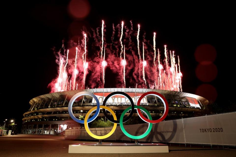 Fireworks light up the night sky during the opening ceremony of the Tokyo 2020 Olympic Games on 23 July. (Getty Images)