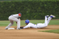 CHICAGO, IL - JUNE 16: Starlin Castro #13 of the Chicago Cubs is tagged out stealing by Dustin Pedroia #15 of the Boston Red Sox in the fourth inning on June 16, 2012 at Wrigley Field in Chicago, Illinois. (Photo by David Banks/Getty Images)