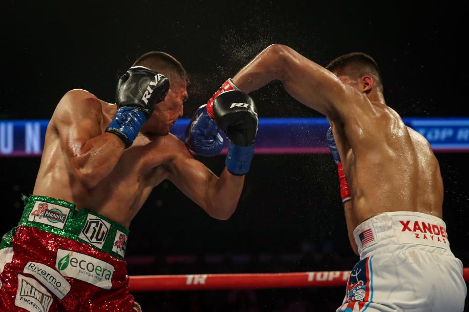 Roberto Valenzuela, Jr. and Xander Zayas fight for the NABO/ NABF Junior Middleweight Titles live on ESPN during a Top Rank bout at the American Bank Center on Friday, Sept. 15, 2023, in Corpus Christi, Texas. Zayas won by technical knockout in the fifth round.