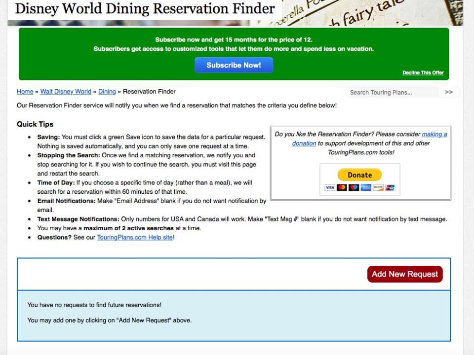 screenshot of a disney reservation finding service on a travel planning website