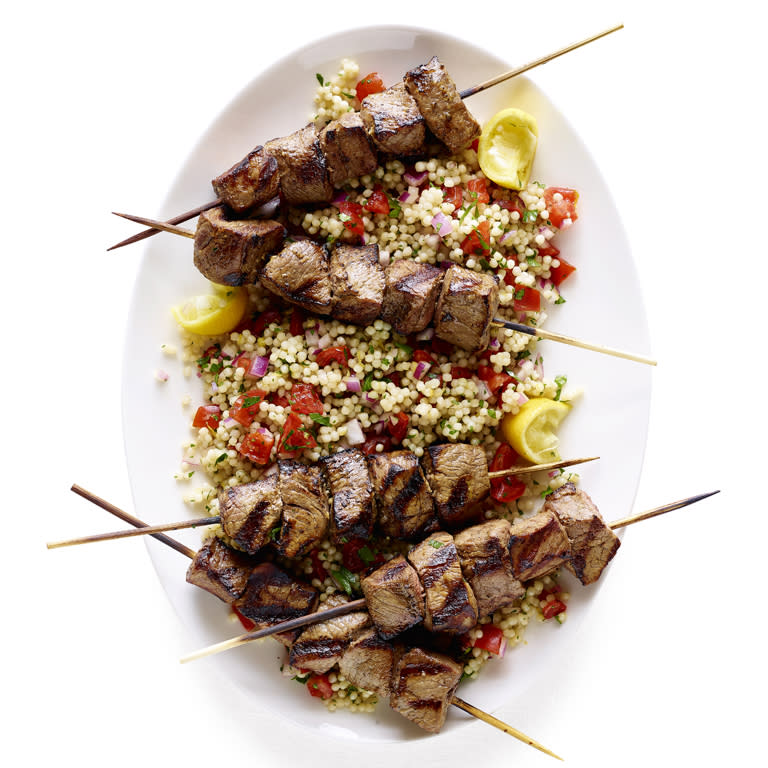 Lemon-Soy Beef Kebabs with Pearl Couscous