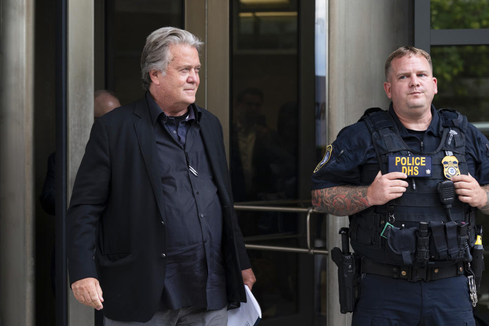 Former White House strategist Steve Bannon leaves federal court in Washington, Monday, July 18, 2022. Jury selection began Monday in the trial of Steve Bannon, a one-time top adviser to former President Donald Trump. He is facing criminal contempt of Congress charges after refusing for months to cooperate with the House committee investigating the Jan. 6, 2021, Capitol insurrection. (AP Photo/Manuel Balce Ceneta)