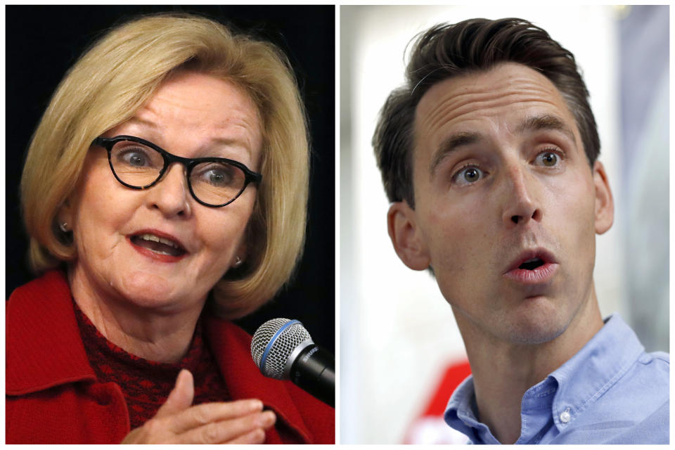 FILE - This combination of file photos shows Missouri U.S. Senate candidates in the November election, Democratic incumbent Sen. Claire McCaskill, left, and her Republican challenger Josh Hawley. In ads and speeches, McCaskill is pounding Missouri voters with a single message: Her Republican challenger wants to end health insurance protections for people with pre-existing conditions. Hawley, says it's not true and has been forced to defend himself. (AP Photo/Jeff Roberson, File)