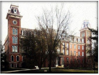 University Hall; clock in tower is on left.