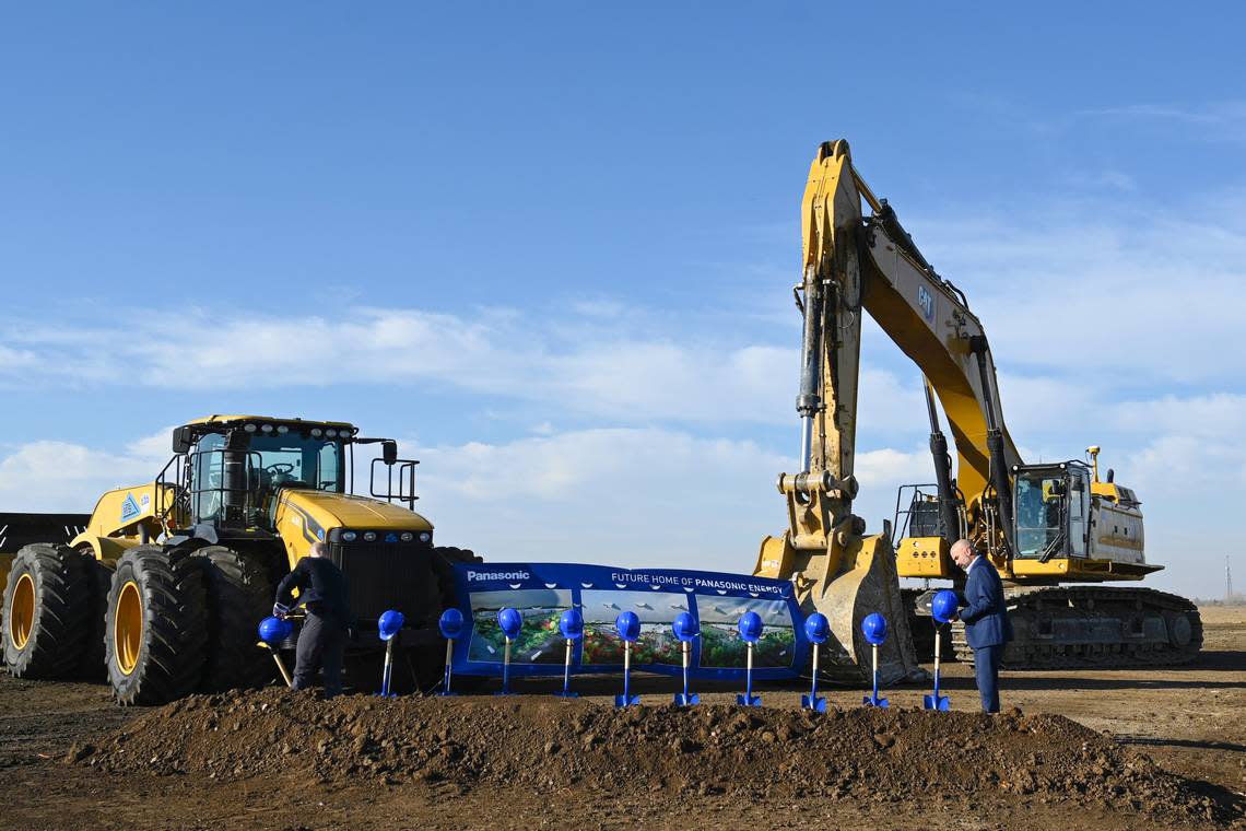 Shovels and hardhats were readied in front of earthmoving equipment for the ceremonial groundbreaking of the Panasonic battery manufacturing plant in November near De Soto. Kansas Gov. Laura Kelly along with others were on hand for the event to mark the start of building of $4 billion factory.