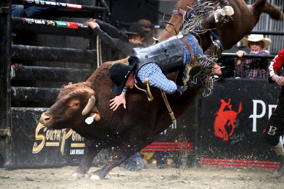 Travis Wimberley competes during the Professional Bull Riders Pendleton Whisky Velocity Tour at Acrisure Arena in Palm Desert, Calif., on Saturday, February 11, 2023. The event returns to the arena March 15 and 16, 2024.