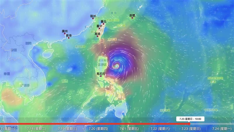 氣象局風場預報動態顯示，23日後「杜蘇芮」將逼近台灣。（圖／翻攝自氣象局）