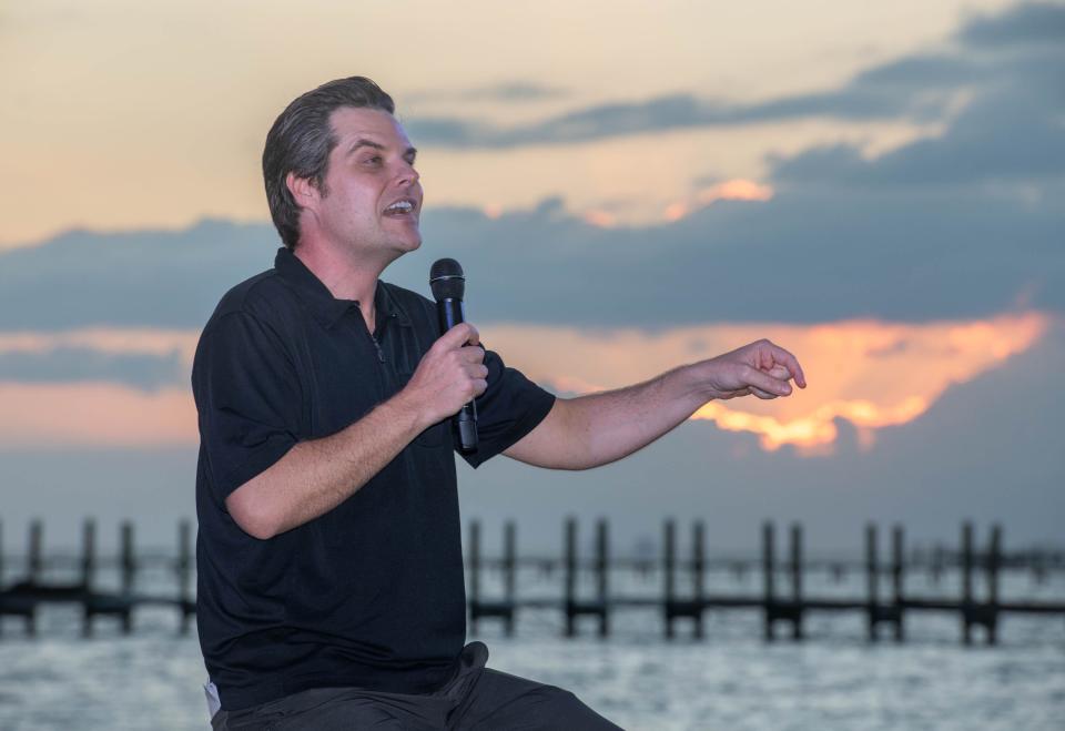 Congressman Matt Gaetz speaks during a campaign rally at Navarre Park in Navarre on Monday, Oct. 30, 2023.