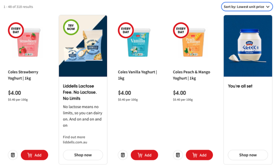 Screenshot showing prices of groceries on a Coles or Woolworths website.