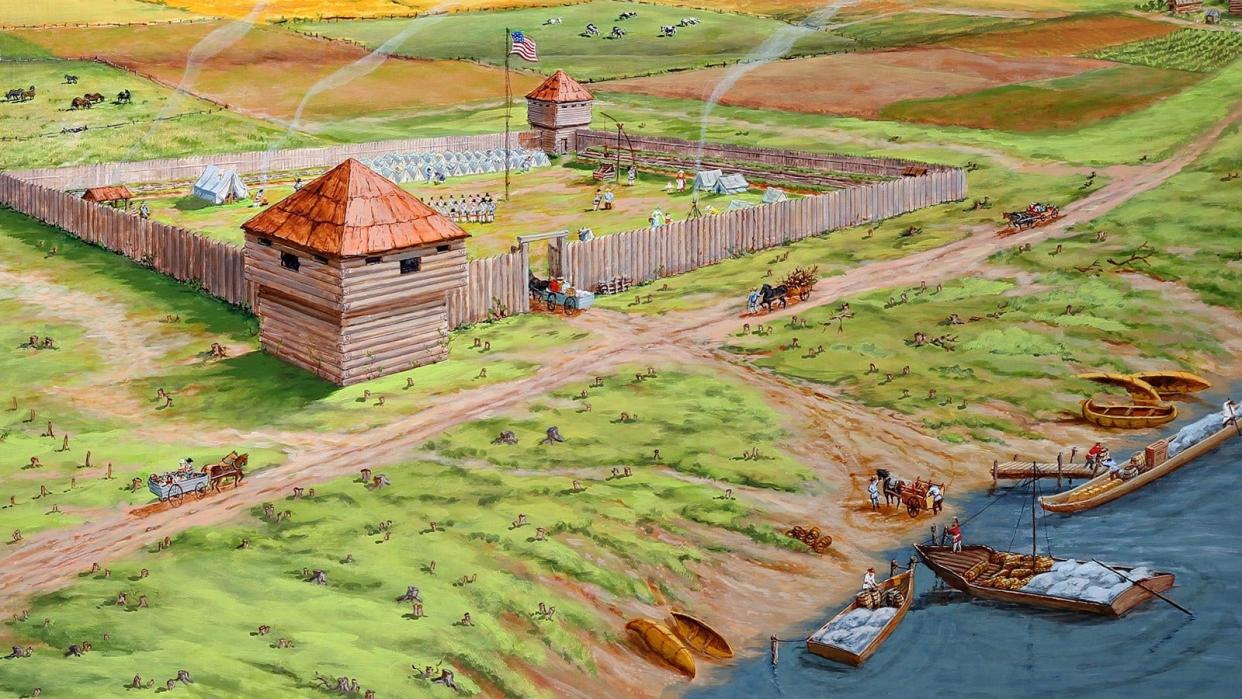 This artist rendering by Fran Maedel shows the Wayne Stockade as it most likely appeared during the War of 1812. The Wayne Stockade was built in 1805 and supported American troops based in Detroit with supplies.