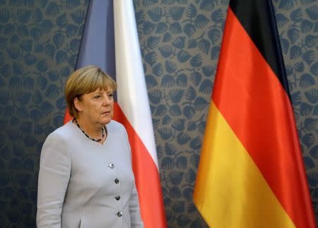 German Chancellor Angela Merkel arrives at a news conference at Czech government headquarters in Prague, Czech Republic, August 25, 2016. REUTERS/David W Cerny