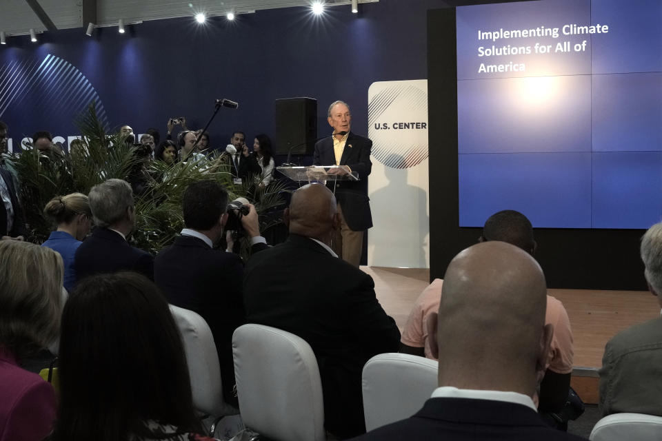 Michael Bloomberg, former mayor of New York, speaks at the opening of the U.S. Pavilion at the COP27 U.N. Climate Summit, Tuesday, Nov. 8, 2022, in Sharm el-Sheikh, Egypt. (AP Photo/Nariman El-Mofty)