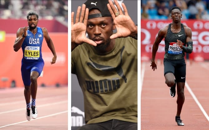 Noah Lyles (left) and Reece Prescod (right) are in the frame - could Usain Bolt (centre) also be? - GETTY IMAGES / EDDIE MULHOLLAND