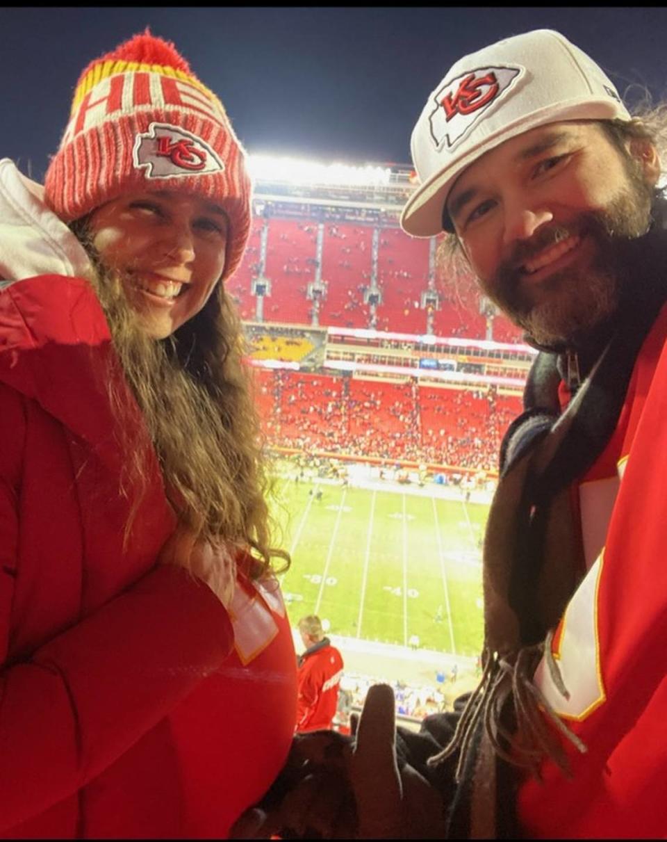 Kelly and Matthew Schmidli were among the fans to attend the wild Kansas City Chiefs-Buffalo Bills playoff game.