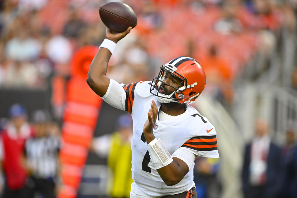 Cleveland Browns quarterback Jacoby Brissett (7) passes against the Chicago Bears during the first half of an NFL preseason football game, Saturday, Aug. 27, 2022, in Cleveland. (AP Photo/David Richard)