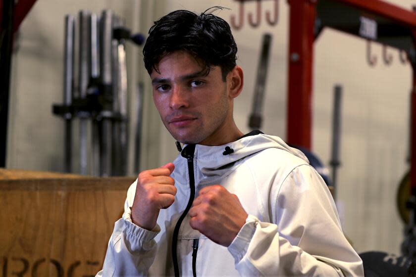 Woodland Hills, CA - April 03: Lightweight boxer Ryan Garcia prepares for his big fight against Gervonta Davis. (Luis Sinco / Los Angeles Times)