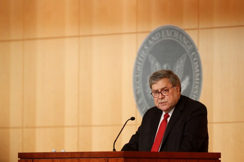 FILE PHOTO: U.S. Attorney General William Barr delivers remarks at the Securities and Exchange Commission