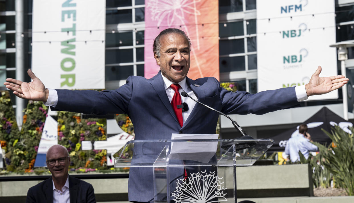 Anaheim, CA - March 10: Anaheim Mayor Harry Sidhu welcomes visitors to the Natural Products Expo West at the Anaheim Convention Center in Anaheim, CA on Thursday, March 10, 2022. The show will be the first Expo West in Anaheim since the start of the Covid-19 pandemic. (Photo by Paul Bersebach/MediaNews Group/Orange County Register via Getty Images)