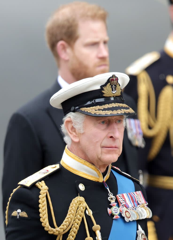 King Charles III and Prince Harry, Duke of Sussex attends The State Funeral Of Queen Elizabeth II at Westminster Abbey on September 19, 2022 in London, England