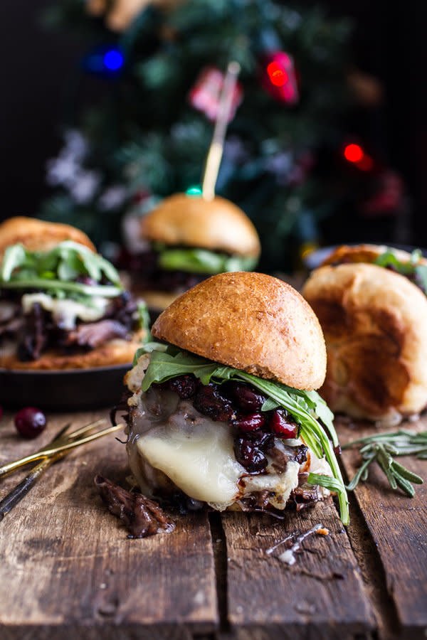 <strong>Get the <a href="http://www.halfbakedharvest.com/gingery-steak-brie-sliders-balsamic-cranberry-sauce/" target="_blank">Gingery Steak And Brie Sliders With Balsamic Cranberry Sauce recipe</a> from Half Baked Harvest</strong>