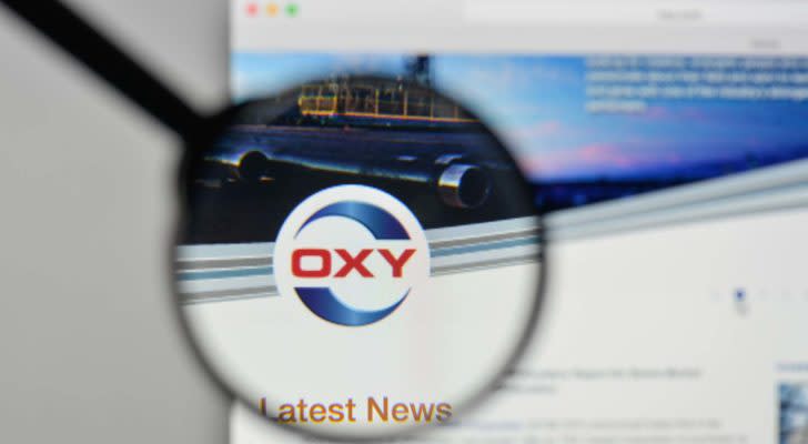 A magnifying glass zooms in on the Occidental Petroleum (OXY) website.