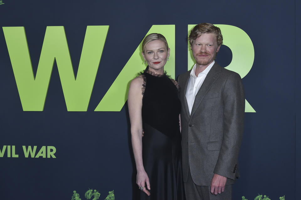 Kirsten Dunst, left, and Jesse Plemons attend a special screening of A24's "Civil War" at the Tedd Mann Theater at the Academy Museum of Motion Pictures on Tuesday, April, 2, 2024, in Los Angeles. (Photo by Richard Shotwell/Invision/AP)