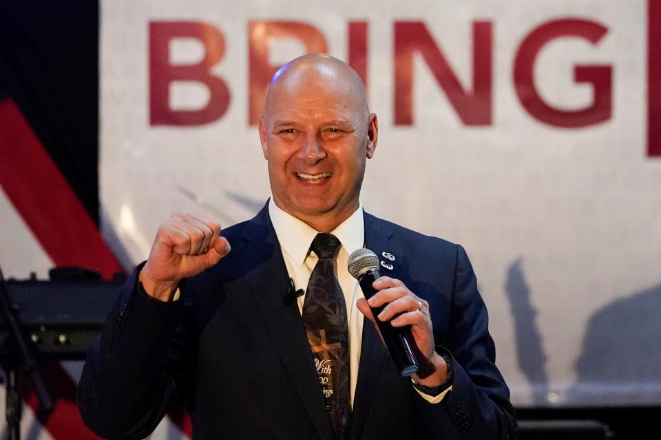 State Sen. Doug Mastriano, R-Franklin, a Republican candidate for governor of Pennsylvania, speaks at a primary night election gathering in Chambersburg, Pa., May 17.