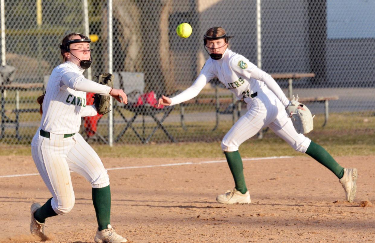 Sioux Falls Jefferson third baseman Ashlen Johnson makes a throw as shortstop Taylor Duncan backs up during a high school softball game against Watertown on Monday, April 24, 2023 at Koch Complex in Watertown.