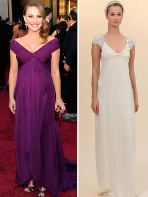 On the red carpet: Natalie Portman in purple Rodarte...Down the aisle: A cap-sleeved Jenny Packham dress