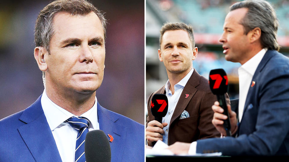 Wayne Carey and Joel Selwood look on during AFL games.