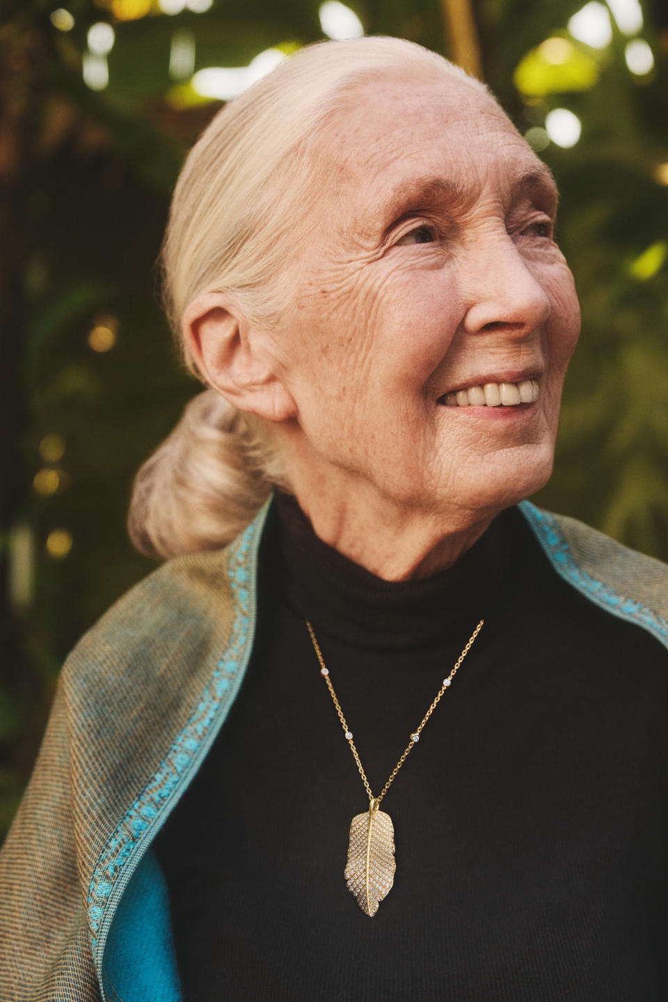 Dr. Jane Goodall in the Jane Goodall Collection Pavé Leaf Lab Diamond Pendant Necklace