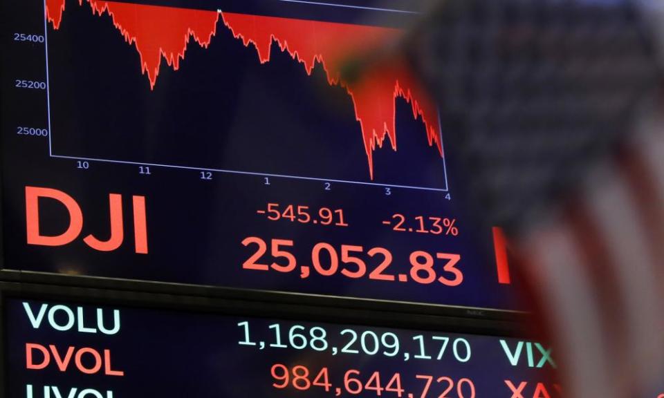 A board above the floor of the New York stock exchange shows the closing number for the Dow Jones industrial average on Thursday.