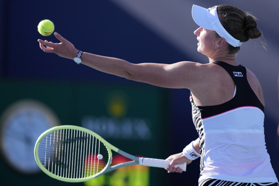 Barbora Krejcikova of the Czech Republic, serves to Madison Keys, of the U.S., during the Miami Open tennis tournament, Sunday, March 26, 2023, in Miami Gardens, Fla. (AP Photo/Wilfredo Lee)