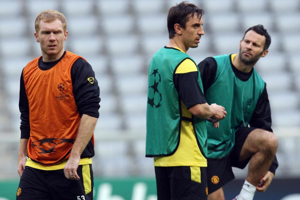 Nicky Butt and Phil Neville also left, though Scholes, Gary Neville and Ryan Giggs remained at Old Trafford for their whole careers (Manchester United via Getty Images)