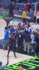 Jalen Williams celebrates with Nick Gallo after Thunder's playoff win against Pelicans