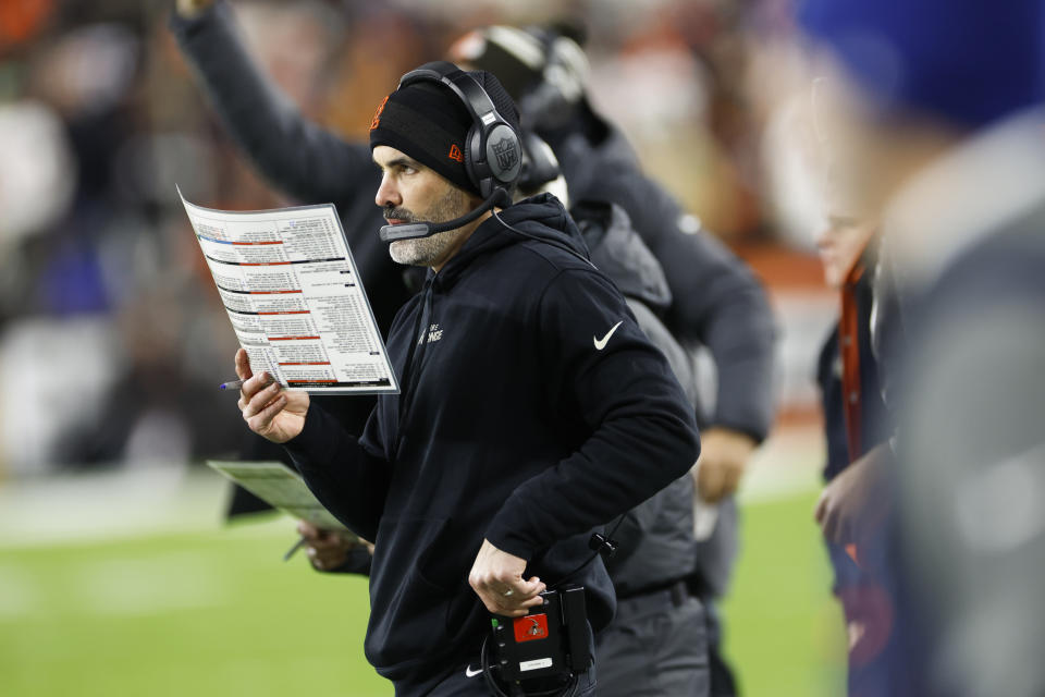 Cleveland Browns head coach Kevin Stefanski looks on during the first half of an NFL football game against the Baltimore Ravens, Saturday, Dec. 17, 2022, in Cleveland. (AP Photo/Ron Schwane)