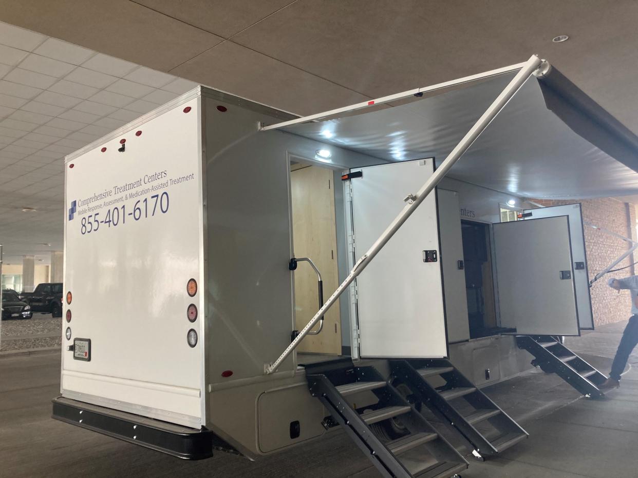 When it isn't parked at Green Bay Comprehensive Treatment Center, this opioid treatment facility on wheels will drive up to Marinette, where it can treat 70 to 100 people per day, from 6 a.m. to 9 a.m. every day. Here it is shown at the KI Convention Center in downtown Green Bay as part of the inaugural harm reduction conference co-hosted by Wisconsin Department of Human Services.