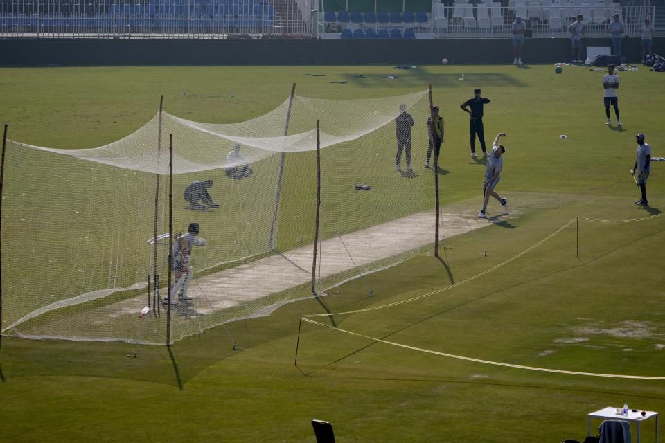 England's players attend a training session, in Rawalpindi, Pakistan, Tuesday, Nov. 29, 2022. (AP Photo/Anjum Naveed)