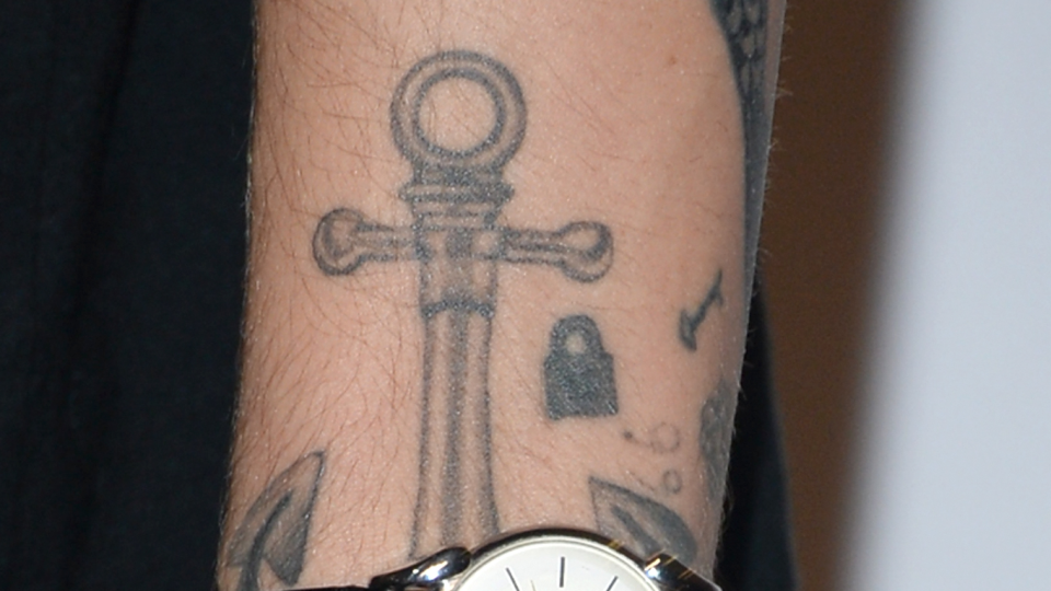 Analog watch, Watch, Wrist, Arm, Compass, Tattoo, Pocket watch, Material property, Hand, Symbol, 