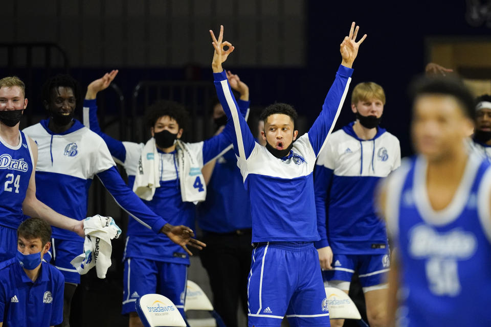 Drake players celebrate on the bench during the first half of an NCAA college basketball game against Illinois State, Monday, Feb. 1, 2021, in Des Moines, Iowa. (AP Photo/Charlie Neibergall)