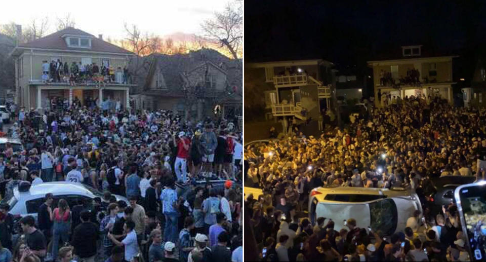 Images of a huge street party near the University of Colorado in Boulder, with cars overturned.